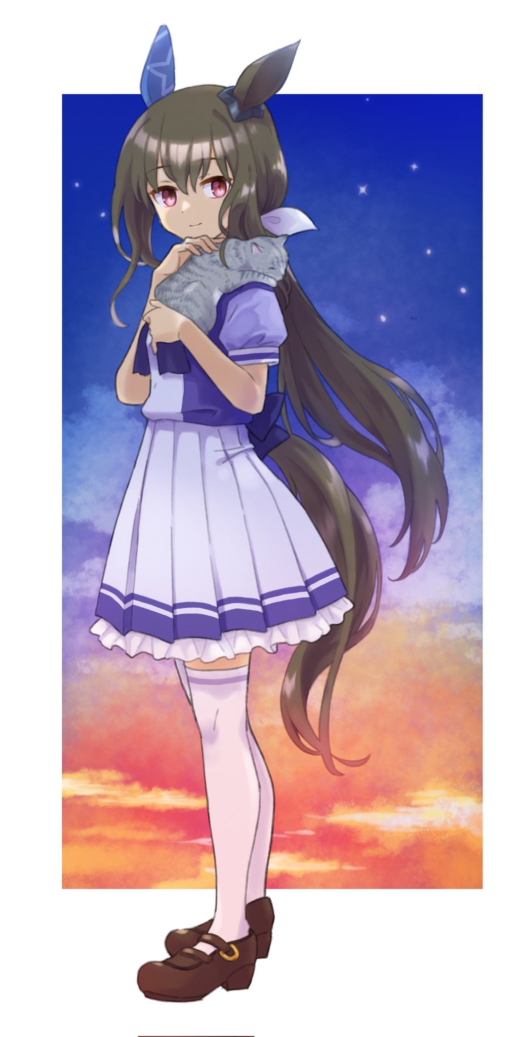 1girl, admire_vega_(umamusume), animal, animal_ears, animal_on_shoulder, brown_hair, cat, cat_on_shoulder