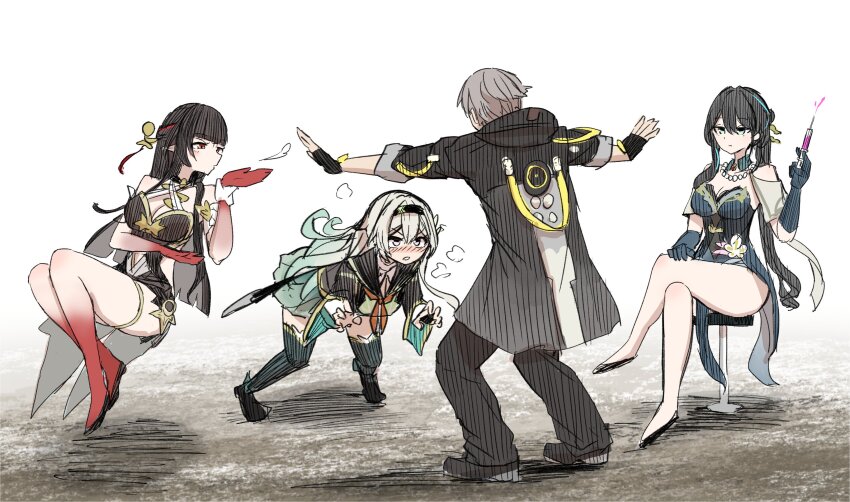 1boy, 3girls, 6sakuu, absurdres, aqua_dress, aqua_hair, bare_legs, black_dress