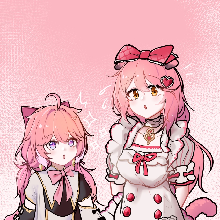 2girls, :o, absurdres, ahoge, arknights, blue_eyes, bow, bowtie