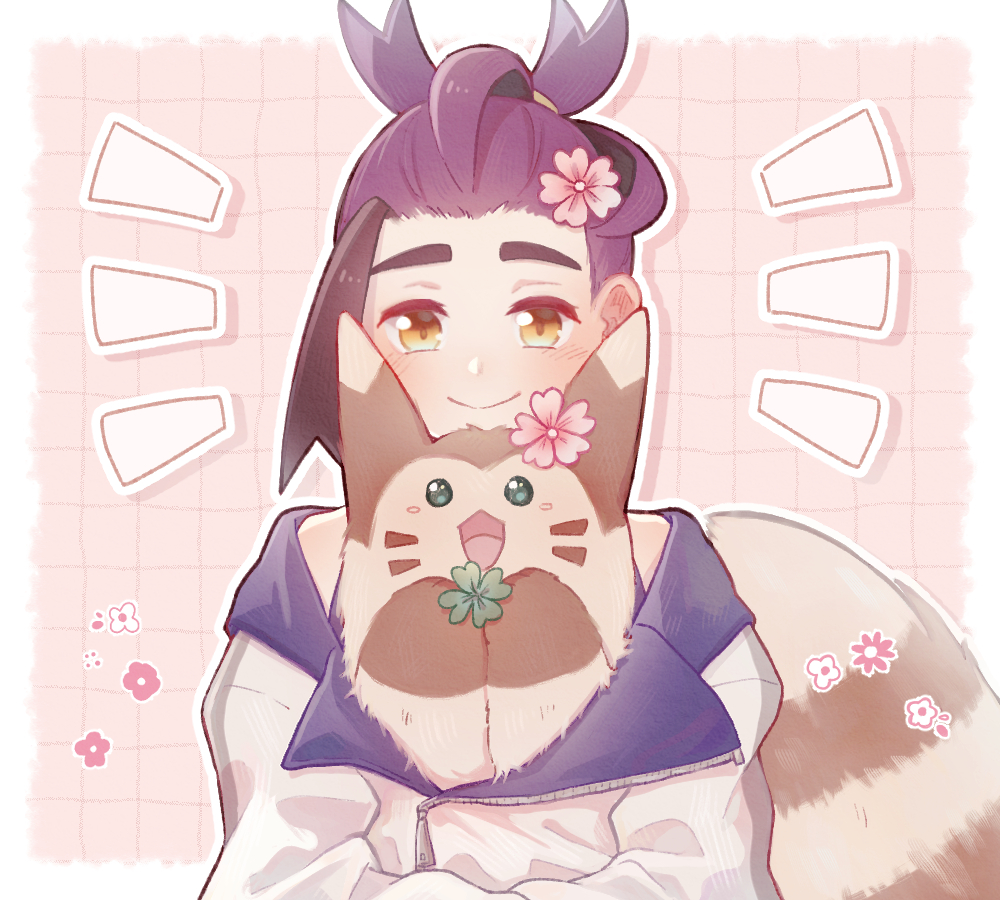 1boy, black_hair, blush, closed_mouth, commentary_request, flower, flower_symbol, furret