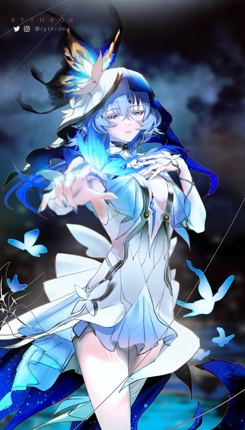 1girl, absurdres, artist_name, black_flower, blake_bloom_(wuthering_waves), blue_butterfly, blue_hair, blue_nails, blue_veil, breasts, bug, butterfly, butterfly_on_hand, colored_eyelashes, commentary, cowboy_shot, dress, flower, hair_between_eyes, hand_on_own_chest, hashtag-only_commentary, highres, insect, large_breasts, looking_at_viewer, nail_polish, parted_lips, purple_eyes, rythron4, sleeveless, sleeveless_dress, solo, shorekeeper_(wuthering_waves), two-tone_veil, veil, white_dress, white_veil, wuthering_waves