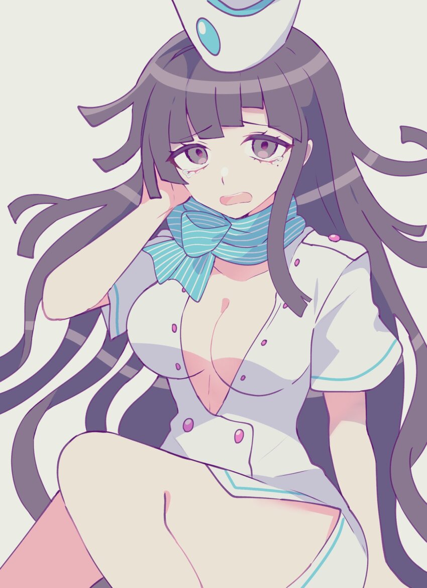 1girl, breasts, cleavage, collarbone, d:, danganronpa_(series), danganronpa_2:_goodbye_despair, feet_out_of_frame