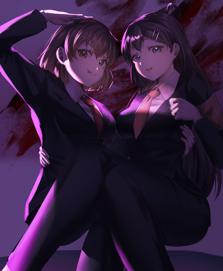 2girls, armband, blood, blood_splatter, blush, breasts, commission, crossed_legs