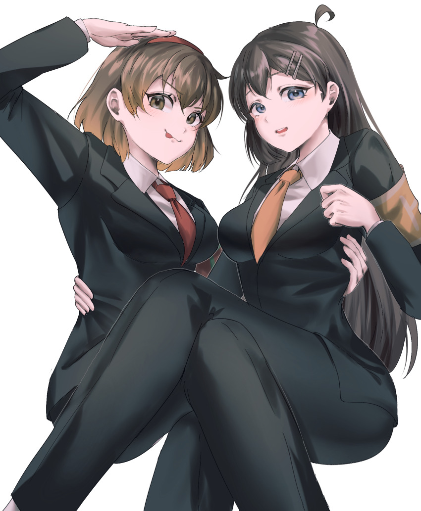 2girls, armband, blue_eyes, blush, breasts, commission, crossed_legs, formal_clothes