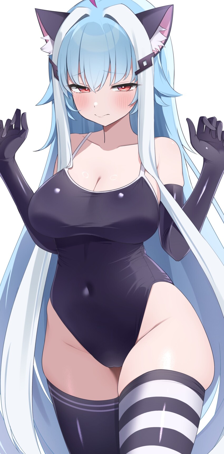 1girl, absurdres, animal_ear_fluff, animal_ears, bemani, black_gloves, black_one-piece_swimsuit, black_thighhighs, blue_hair, breasts, cat_ears, cleavage, collarbone, covered_navel, cowboy_shot, elbow_gloves, gloves, hands_up, highres, ichika_(bemani), large_breasts, lelex, long_hair, looking_at_viewer, mismatched_thighhighs, multicolored_hair, one-piece_swimsuit, red_eyes, simple_background, solo, spaghetti_strap, standing, striped_clothes, striped_thighhighs, swimsuit, thighhighs, two-tone_hair, white_background, white_hair