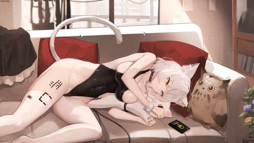 1girl, absurdres, animal_ear_fluff, animal_ears, arm_up, bare_shoulders, black_leotard, blue_eyes