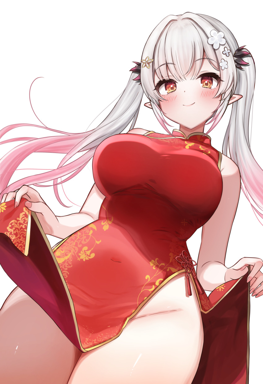 1girl, absurdres, blush, breasts, china_dress, chinese_clothes, closed_mouth, commentary_request