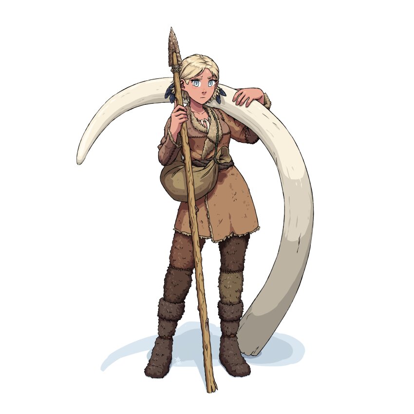 1girl, absurdres, artist_logo, bag, blonde_hair, blush, bone_necklace, boots, breasts, closed_mouth, coat, collarbone, commentary, dark-skinned_female, dark_skin, feather_hair_ornament, feathers, full_body, fur-trimmed_coat, fur-trimmed_sleeves, fur_boots, fur_collar, fur_pants, fur_trim, grey_eyes, hair_ornament, highres, holding, holding_polearm, holding_sack, holding_weapon, jewelry, logo, long_sleeves, long_tusks, looking_at_viewer, necklace, original, ostwindprojekt, pants, pelt, polearm, raised_eyebrow, rope, sack, shadow, short_hair, simple_background, solo, spear, standing, sweat, sweatdrop, tooth_necklace, tribal, tusks, weapon, white_background