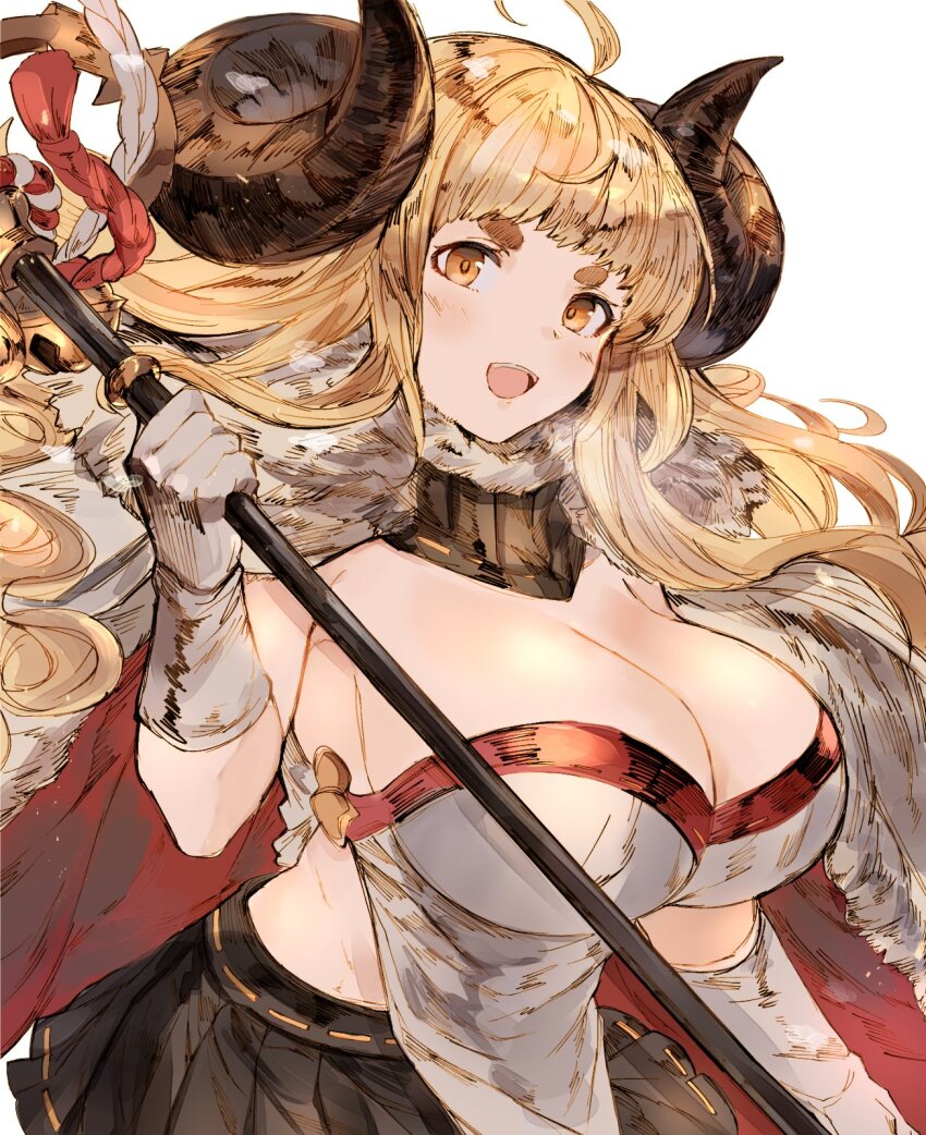 1girl, ahoge, anila_(granblue_fantasy), blonde_hair, blunt_bangs, breasts, detached_collar, draph