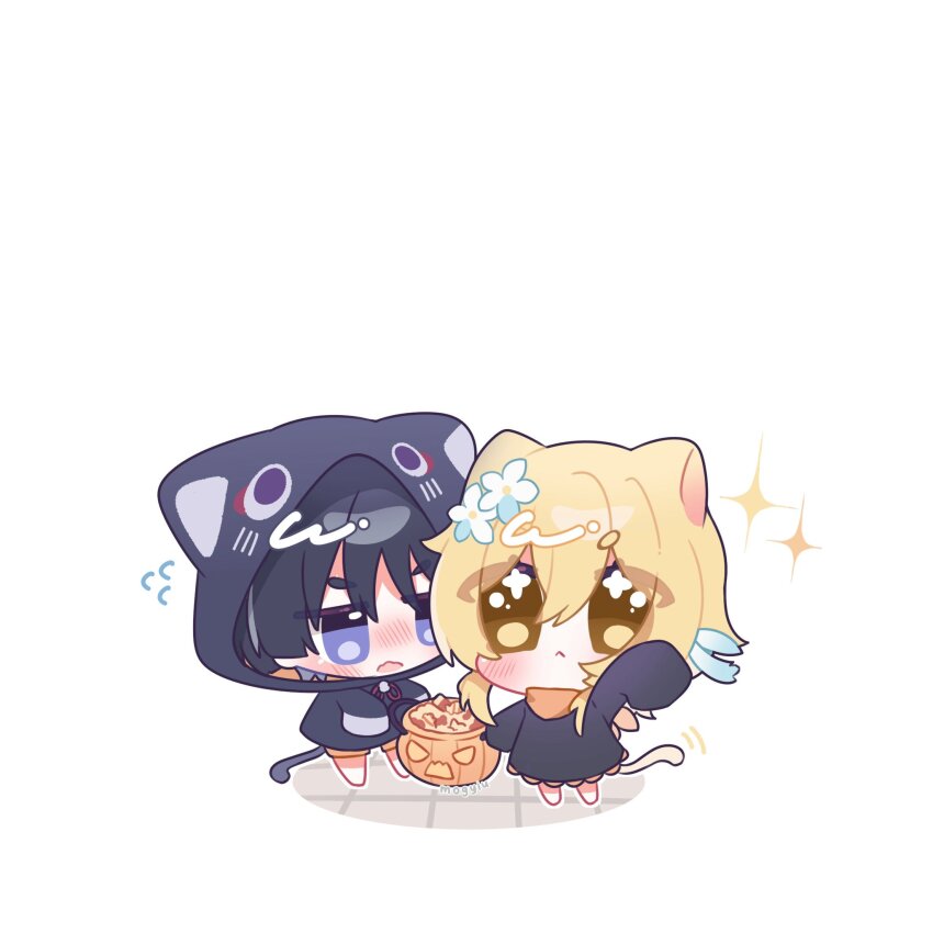 1boy, 1girl, :<, alternate_costume, animal_ears, animal_hood, black_dress, black_hair