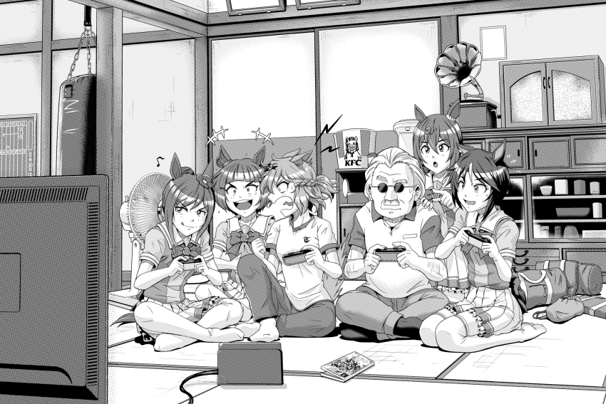 +++, 1boy, 5girls, :q, bare_shoulders, behind_another, bow, bowtie