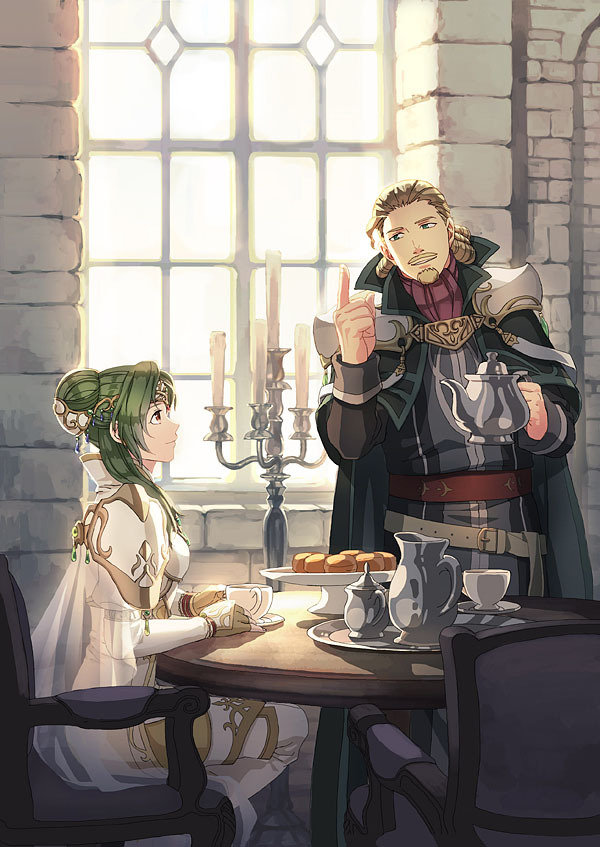1boy, 1girl, bastian_(fire_emblem), blonde_hair, candelabra, candle, candlestand, cape