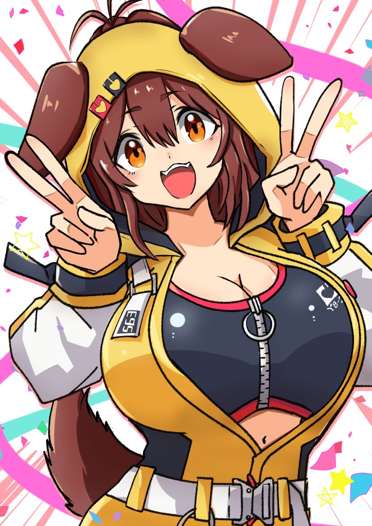 029skysky, animal_ears, breasts, dog_ears, dog_girl, double_v, hololive, inugami_korone