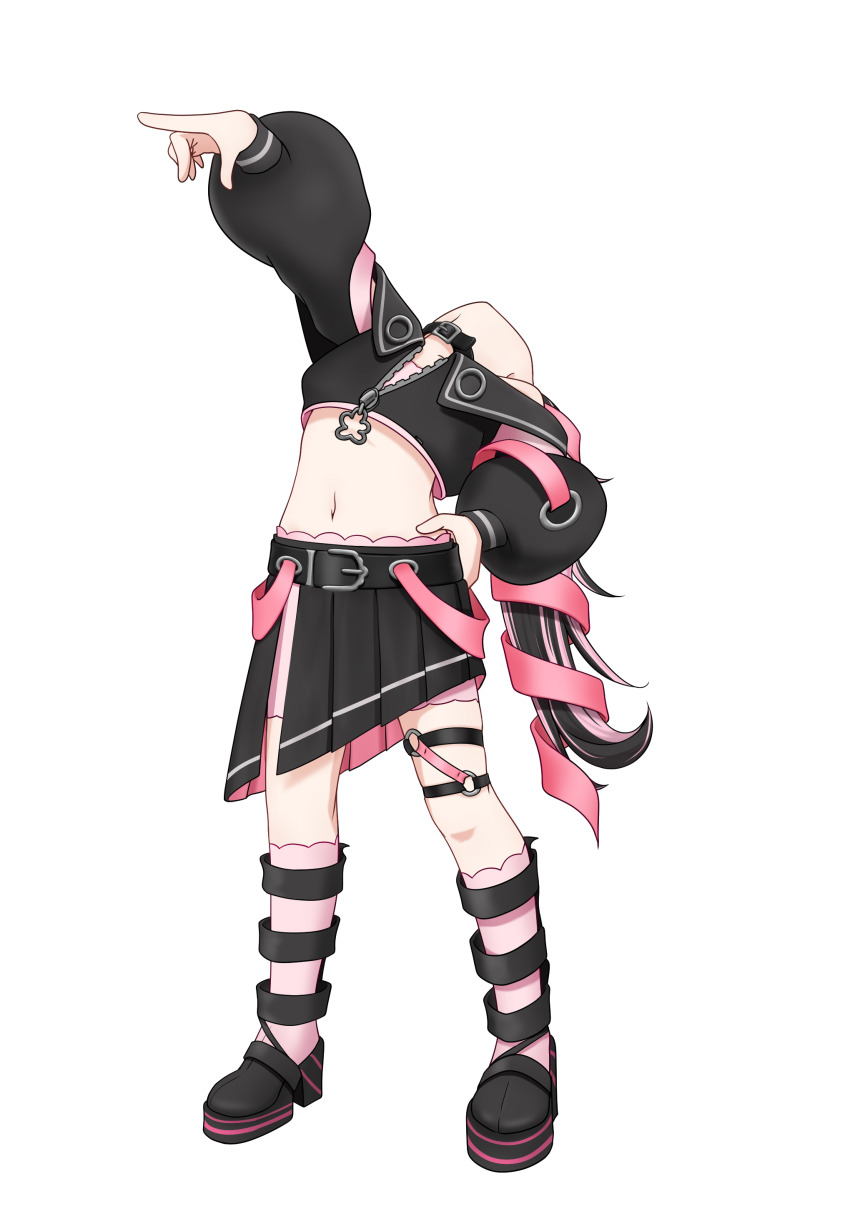 1girl, absurdres, arched_back, belt, belt_collar, black_belt, black_hair, black_jacket, black_shoes, black_skirt, bloomers, boa_hancock, collar, commentary_request, cropped_jacket, cuore_0624, flat_chest, full_body, hair_ribbon, head_back, highres, jacket, long_hair, long_sleeves, midriff, multicolored_hair, nanashi_inc., navel, o-ring, o-ring_thigh_strap, oinomori_may, oinomori_may_(1st_costume), one_piece, pink_bloomers, pink_hair, pink_ribbon, pink_socks, pleated_skirt, pointing, pointing_forward, pose_imitation, ribbon, shoes, simple_background, skirt, socks, solo, standing, thigh_strap, transparent_background, two-tone_hair, underwear, virtual_youtuber