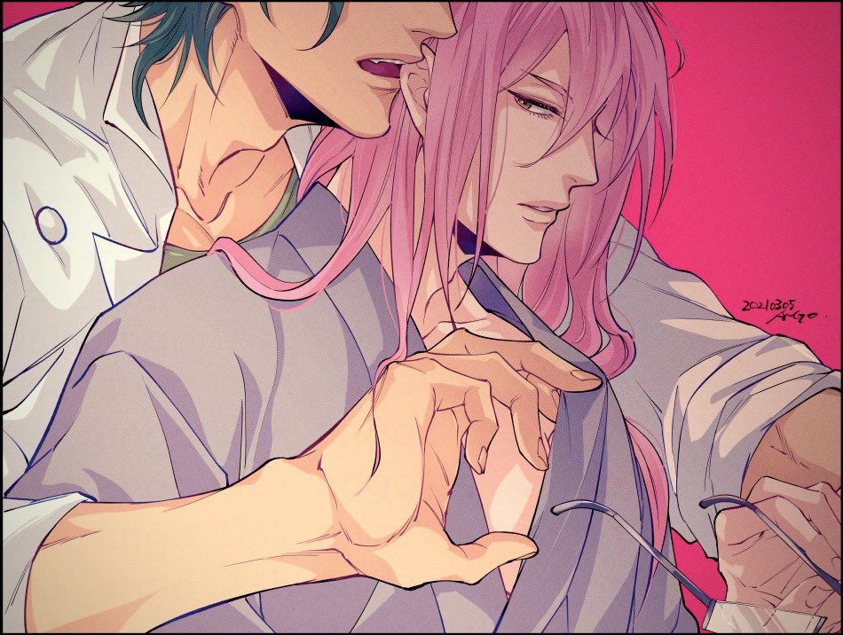 2boys, adam's_apple, ango_(f_ango), bara, biting, biting_ear, cherry_blossom_(sk8), collarbone