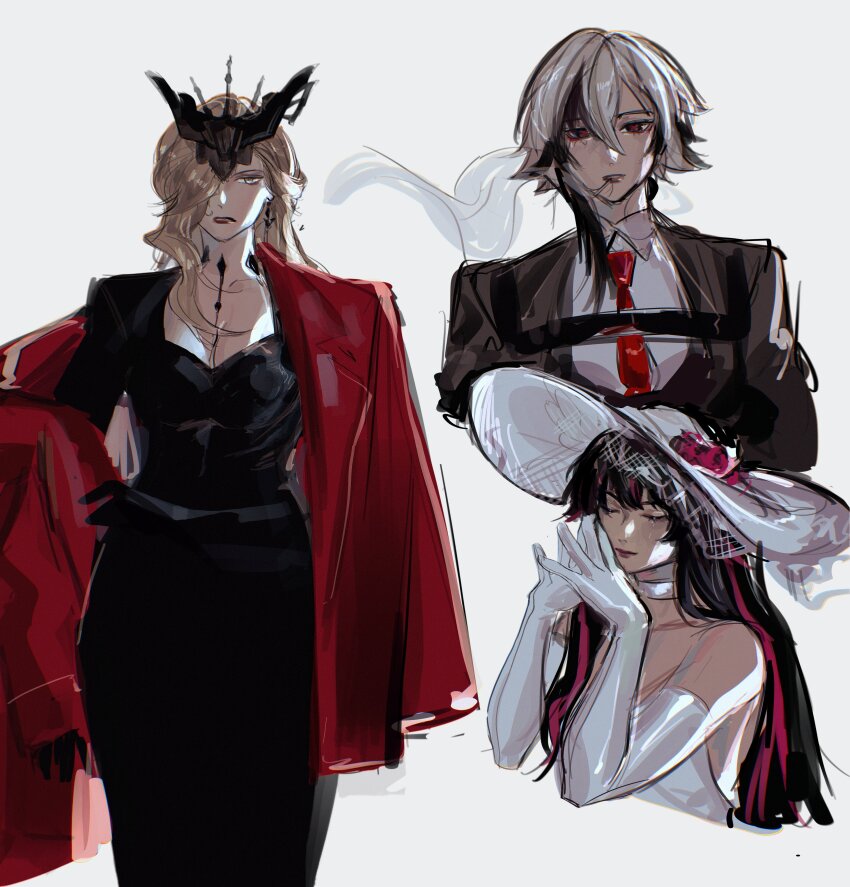 1girl, 3girls, absurdres, arlecchino_(genshin_impact), bare_shoulders, black_dress, black_hair, blonde_hair