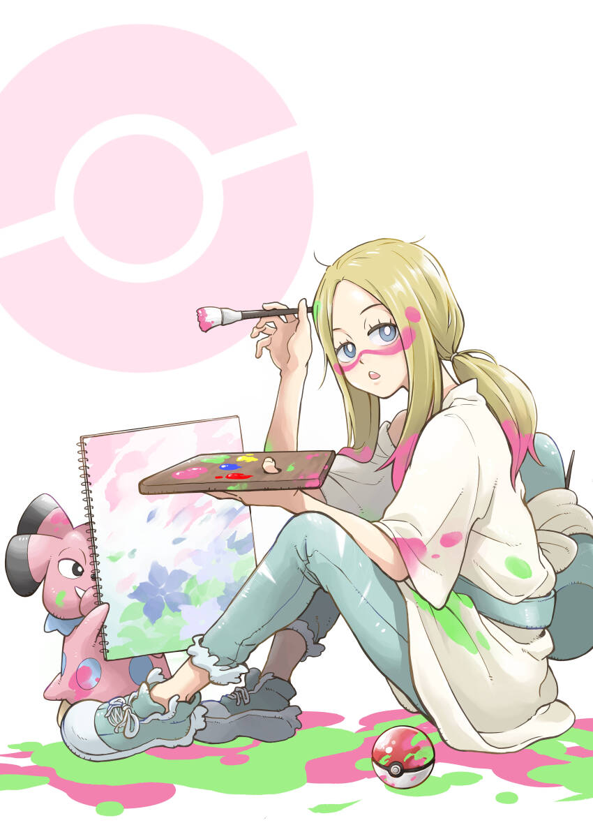 1girl, absurdres, bag, blonde_hair, blue_eyes, capri_pants, denim, duffel_bag