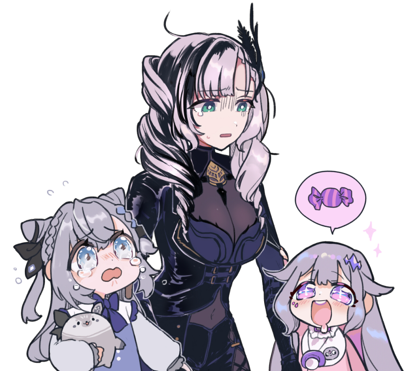 +_+, 3girls, aged_down, ahoge, asterisk_(pmpalg_v), braid, breasts, candy