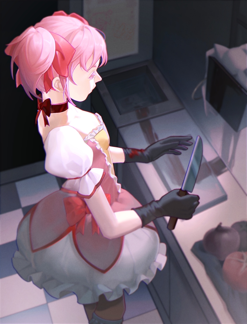 1girl, alternate_gloves, black_gloves, blood, blood_on_hands, blood_stain, bow, bow_choker