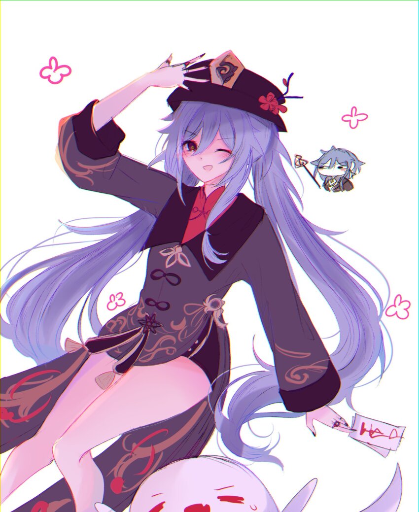 2girls, ;d, adoblvone, black_hair, black_nails, black_shorts, boo_tao_(genshin_impact), brown_jacket