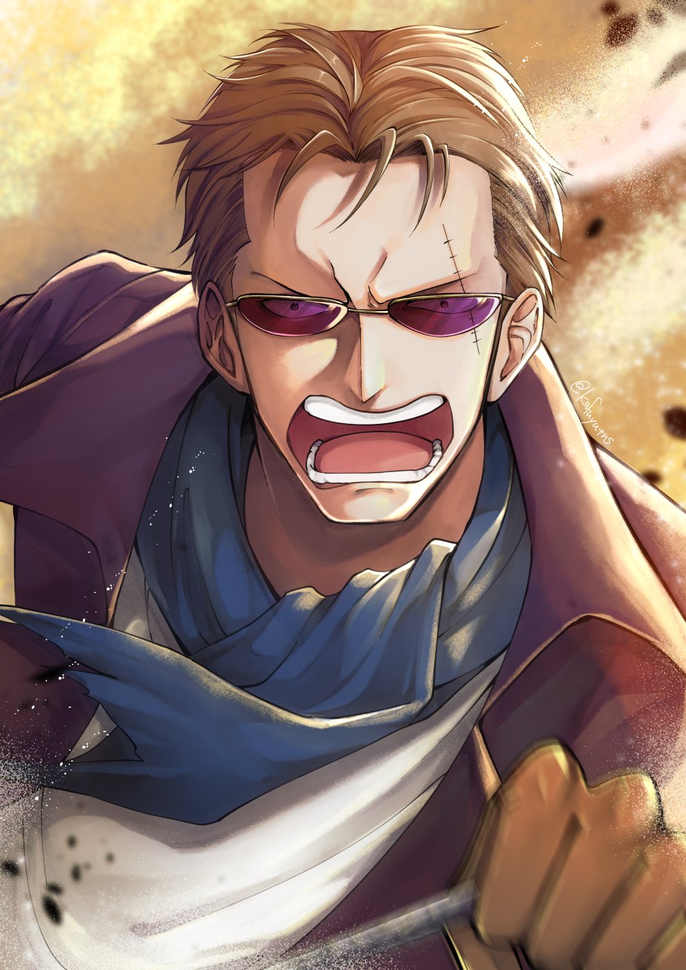 1boy, ascot, blonde_hair, blue_ascot, brown_gloves, coat, commentary_request, glasses