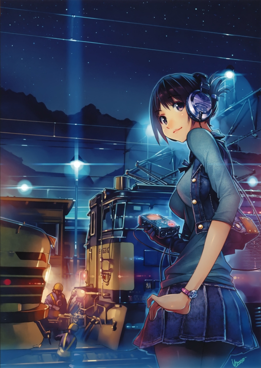 1girl, absurdres, bad_anatomy, black_eyes, black_hair, breasts, casual, mp3_player, female_focus, hair_up, headphones, highres, impossible_clothes, impossible_shirt, lamppost, light_smile, lights, looking_back, medium_breasts, miniskirt, night, original, pantyhose, shirt, short_hair, skirt, sky, solo, star_(sky), starry_sky, train, ultrasone, vania600, vest, watch, wristwatch
