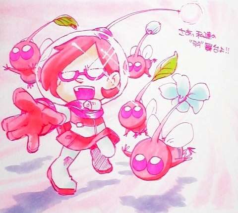 1girl, akira_(8877ice), backpack, bag, blue_flower, brittany_(pikmin), bud, colored_skin