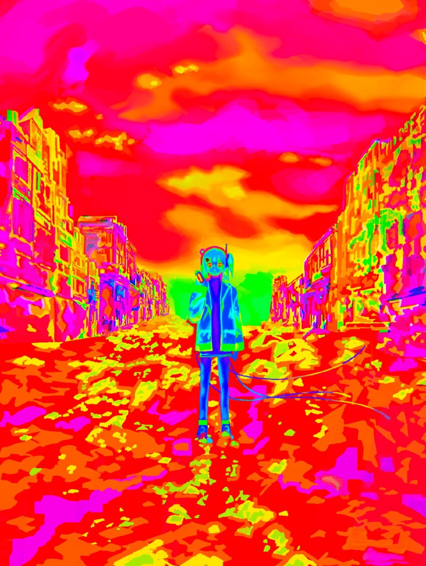 1girl, a.i._voice, adachi_rei, arm_at_side, building, cable, city, closed_mouth