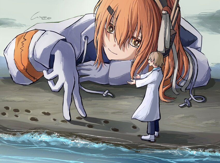 1boy, 1girl, a.i._voice, adachi_rei, adachi_rei_(avogado6), alternate_size, beach, beckoning, blue_pants, brown_hair, coat, commentary_request, finger_walking, footprints, giant, giantess, gloves, hair_ribbon, headphones, highres, hire_(hire77), hood, hood_down, hooded_jacket, jacket, lab_coat, looking_at_another, medium_hair, one_side_up, open_mouth, orange_eyes, orange_hair, outdoors, outstretched_arms, overcast, pants, radio_antenna, ribbon, sand, shoes, short_hair, signature, size_difference, sky, smile, standing, utau, white_coat, white_footwear, white_gloves, white_jacket, white_ribbon