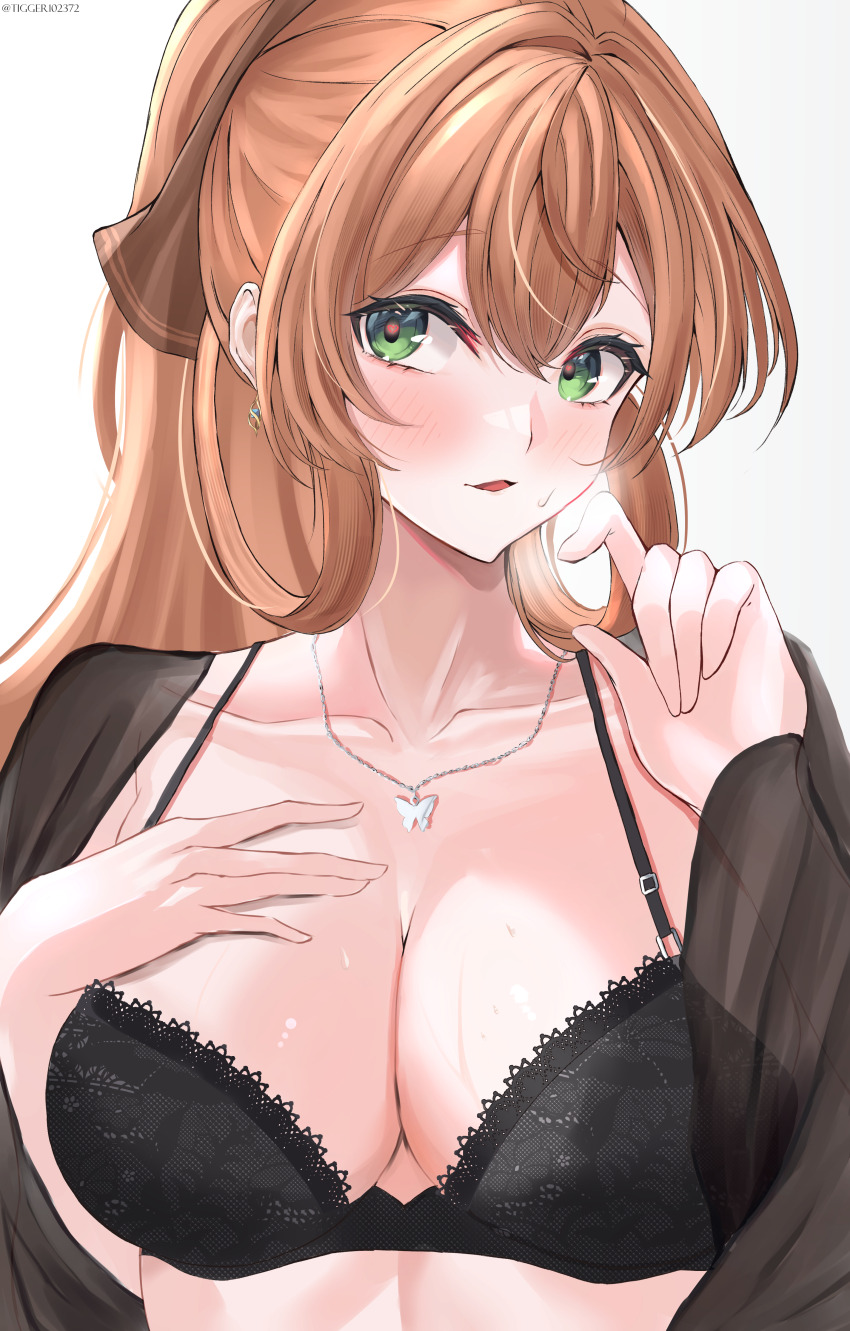 1girl, absurdres, black_bra, blush, bra, breasts, brown_hair, butterfly_necklace