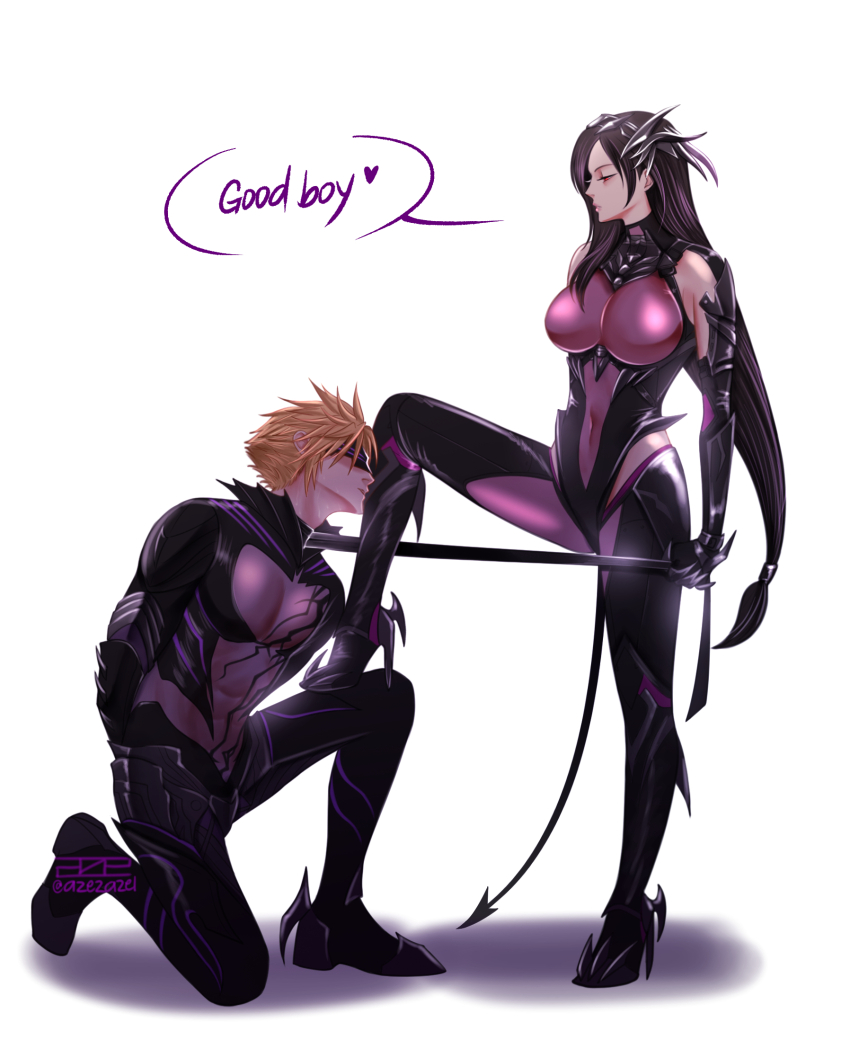 1boy, 1girl, arms_behind_back, azezazel, bare_shoulders, bdsm, black_hair, blindfold_mask, blonde_hair, bodysuit, bound, bound_wrists, breasts, clawed_gauntlets, clothing_cutout, cloud_strife, cloud_strife_(bahamut_garb), commentary, couple, covered_navel, demon_tail, english_commentary, english_text, fake_horns, femdom, final_fantasy, final_fantasy_vii, final_fantasy_vii:_ever_crisis, foot_up, from_side, full_body, hair_ornament, heart, high_collar, highres, hip_vent, holding, holding_leash, horns, kissing_leg, large_breasts, leash, leash_pull, leotard, long_hair, looking_at_another, low-tied_long_hair, mask, matching_outfits, official_alternate_costume, on_one_knee, parted_lips, profile, purple_bodysuit, purple_leotard, red_eyes, short_hair, signature, simple_background, speech_bubble, spiked_hair, standing, standing_on_one_leg, tail, tifa_lockhart, tifa_lockhart_(bahamut_suit), white_background