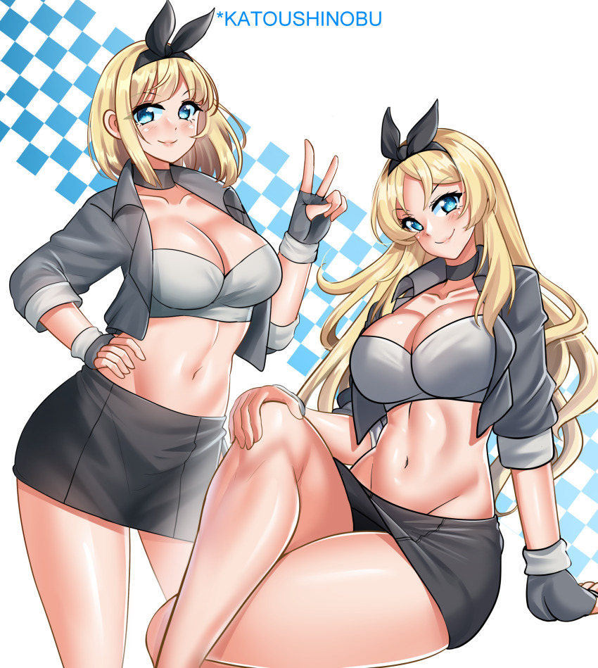 2girls, bandeau, black_hairband, black_skirt, blonde_hair, blue_eyes, contrapposto, cosplay