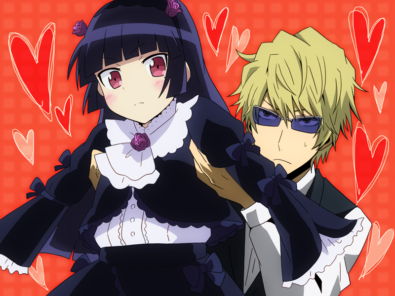 1boy, 1girl, bad_id, bad_pixiv_id, black_hair, brown_hair, crossover, dress, durarara!!, gokou_ruri, gothic_lolita, heiwajima_shizuo, lolita_fashion, long_hair, ore_no_imouto_ga_konna_ni_kawaii_wake_ga_nai, red_eyes, sacchan_(hn0816), short_hair, sunglasses
