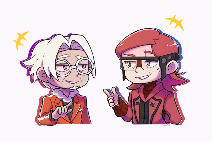 2boys, animated, animated_gif, arm_behind_back, beard, clavell_(pokemon), facial_hair, glasses, highres, looking_at_another, male_focus, maxie_(pokemon), mierulii, multiple_boys, nintendo, pokemon, pokemon_masters_ex, pokemon_omega_ruby_and_alpha_sapphire, pokemon_scarlet_and_violet, red_hair, round_eyewear, team_magma, team_magma_uniform, teeth, turtleneck, upper_body, white-framed_eyewear, white_hair