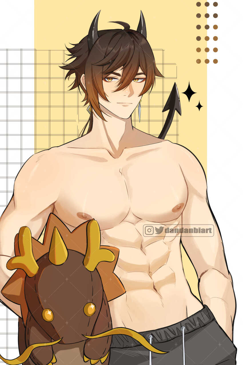 1boy, abs, absurdres, ahoge, artist_name, black_horns, black_pants, brown_eyes