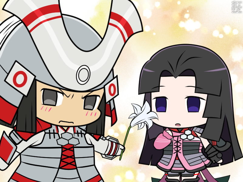 1boy, 1girl, :o, armor, azai_nagamasa_(sengoku_basara), black_hair, blush, cowboy_shot