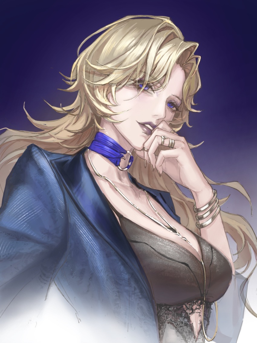 1girl, absurdres, black_shirt, blonde_hair, blue_background, blue_choker, blue_eyes, blue_jacket