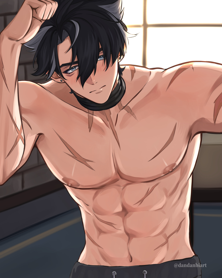 1boy, abs, absurdres, artist_name, bandaged_neck, bandages, black_hair, black_pants, blue_eyes, blush, closed_mouth, collarbone, commentary, dandanbiart, drawstring, ear_piercing, earrings, english_commentary, expressionless, facial_scar, genshin_impact, grey_hair, hair_between_eyes, highres, indoors, jewelry, looking_at_viewer, male_focus, multicolored_hair, multiple_scars, muscular, muscular_male, navel, nipples, pants, parted_bangs, pectorals, piercing, scar, scar_on_arm, scar_on_cheek, scar_on_chest, scar_on_face, scar_on_neck, scar_on_shoulder, scar_on_stomach, short_hair, solo, split_mouth, stomach, streaked_hair, stud_earrings, topless_male, twitter_username, upper_body, window, wriothesley_(genshin_impact)