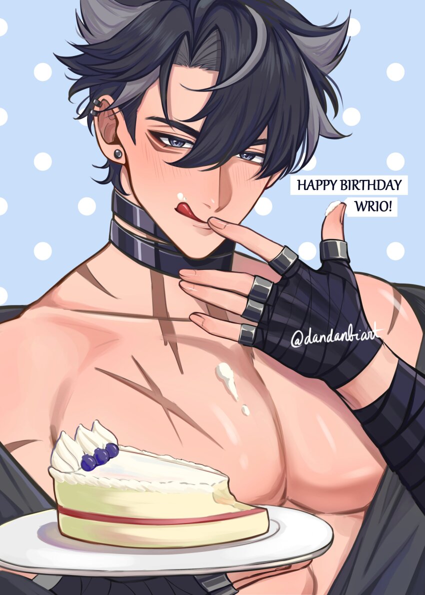 1boy, absurdres, artist_name, bandaged_arm, bandaged_neck, bandages, black_gloves, black_hair