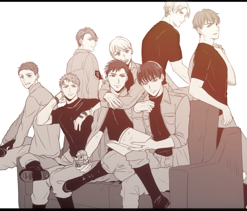 6+boys, arms_around_neck, character_request, coat, commentary_request, couch, crossed_legs, fujihashi_ryou, hase_jun, holding, holding_stuffed_toy, izumi_yuuki_(yubinetsu), letterboxed, looking_at_viewer, male_focus, mizuno_souma, multiple_boys, on_couch, shirt, short_hair, simple_background, sitting, stuffed_animal, stuffed_elephant, stuffed_toy, tarou_(you-0512), very_short_hair, white_background, yubisaki_kara_no_honki_no_netsujou