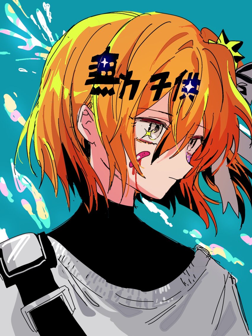 1girl, a.i._voice, adachi_rei, alternate_costume, alternate_eye_color, bandaid, bandaid_on_face, blue_background