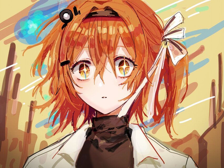 +_+, 1girl, a.i._voice, adachi_rei, black_hairband, brown_shirt, hair_ornament, hairband, hairclip, headlamp, highres, inseki_ga_ochite_kita_(utau), jacket, looking_at_viewer, meteor_shower, one_side_up, open_clothes, open_jacket, orange_eyes, orange_hair, parted_lips, portrait, shirt, short_hair, solo, suju0813, turtleneck, turtleneck_shirt, utau, white_jacket, wide-eyed, yellow_background