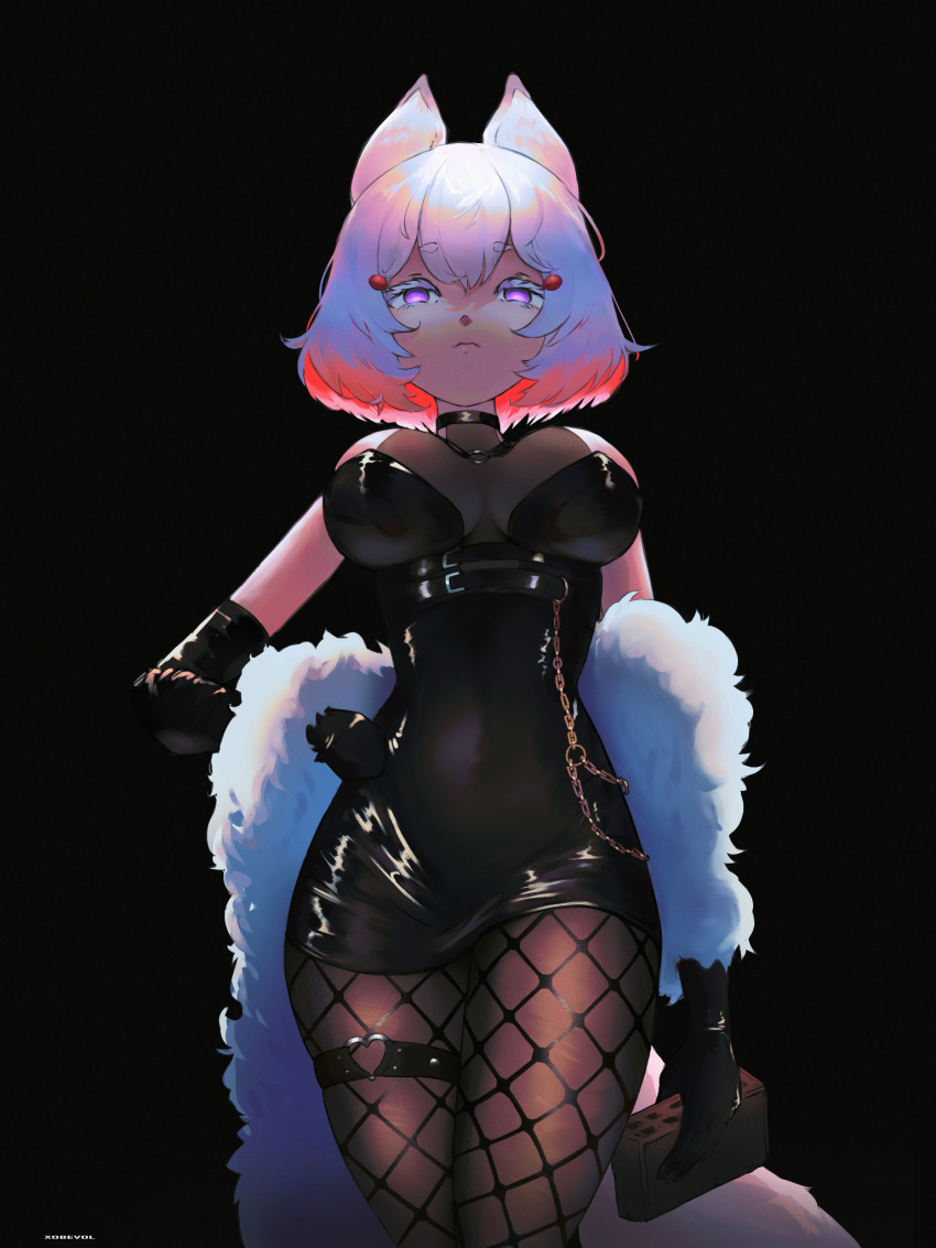 1girl, animal_ears, black_background, black_dress, black_gloves, breasts, dress, elbow_gloves