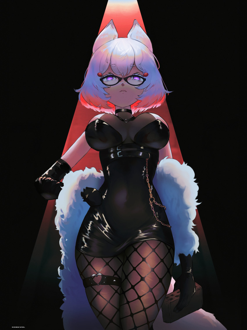 1girl, animal_ears, black-framed_eyewear, black_dress, black_gloves, breasts, dress, elbow_gloves