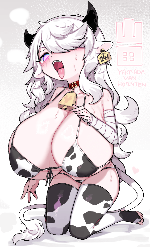 1girl, animal_collar, animal_ears, animal_print, bell, bikini, black_horns, breasts