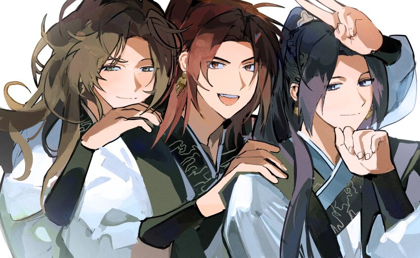 3boys, baek_eon, braid, brown_eyes, brown_hair, chinese_clothes, earrings, fang