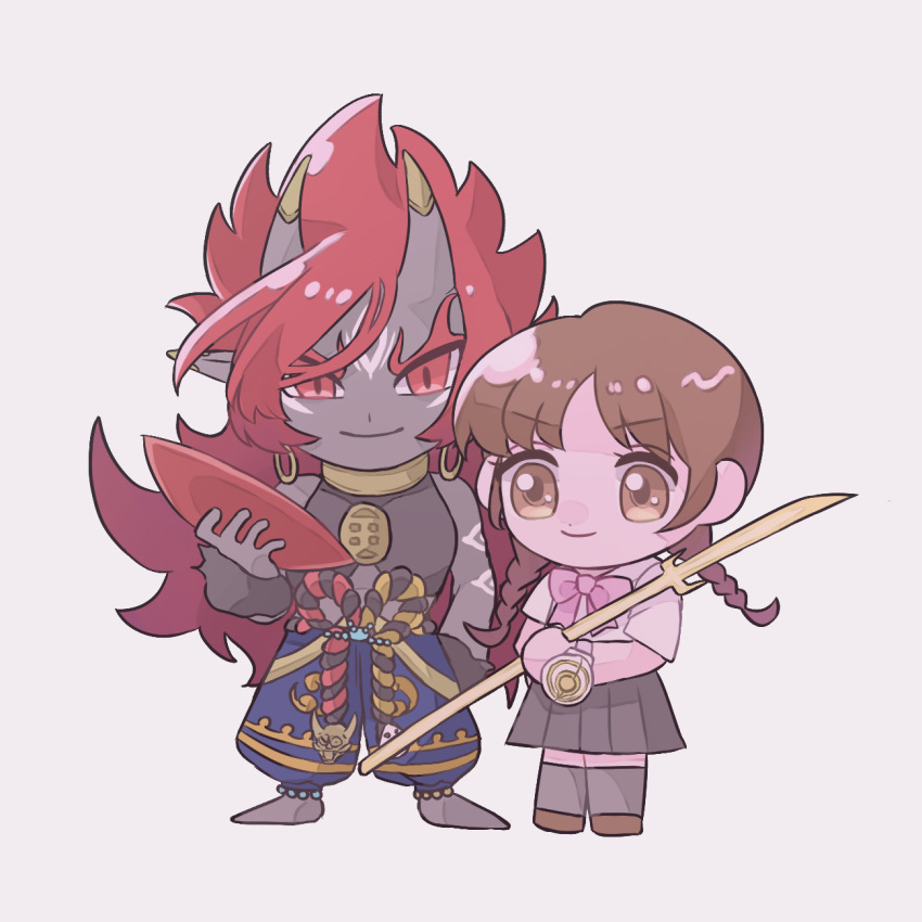 1boy, 1girl, amano_natsume, arm_tattoo, blue_pants, bow, bowtie, brown_eyes