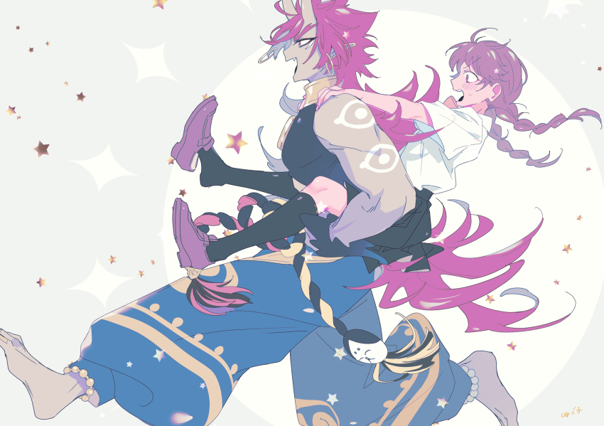 1boy, 1girl, amano_natsume, barefoot, black_shirt, black_socks, blue_pants, braid, brown_footwear, brown_hair, carrying, colored_skin, earrings, eye_tattoo, fang, feet_out_of_frame, from_side, grey_background, grey_skin, hand_rest, hands_on_another's_shoulders, highres, hoop_earrings, horns, jewelry, kneehighs, loafers, long_hair, looking_ahead, midair, nervous, oni, open_mouth, pants, piggyback, pink_hair, profile, running, sanpaku, shirt, shoes, short_sleeves, shoulder_tattoo, shutendouji_(shadowside), signature, skin-covered_horns, sleeveless, sleeveless_shirt, socks, star_(symbol), sweatdrop, tattoo, teeth, toned, toned_male, twin_braids, upper_teeth_only, very_long_hair, white_shirt, youkai_(youkai_watch), youkai_watch, youkai_watch_shadowside, yuungai_yuzuko