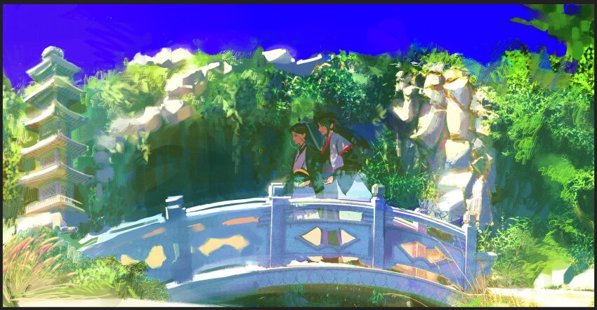 2boys, architecture, bindi, black_hair, black_hanfu, blue_sky, bridge, chinese_clothes