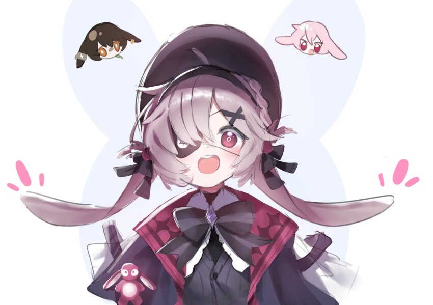 1girl, animal_ears, ansel_(arknights), arknights, ayerscarpe_(arknights), black_coat, black_hat, black_vest, bonnet, brown_hair, chibi, chibi_inset, coat, commentary, english_commentary, eyepatch, hair_ornament, hat, highres, looking_at_viewer, lop_rabbit_ears, official_alternate_costume, open_mouth, pink_eyes, pink_hair, popukar_(arknights), popukar_(witch's_swing)_(arknights), purple_hair, rabbit_ears, red_eyes, rinzy, simple_background, sketch, smile, teeth, trait_connection, upper_body, upper_teeth_only, vest, white_background, x_hair_ornament